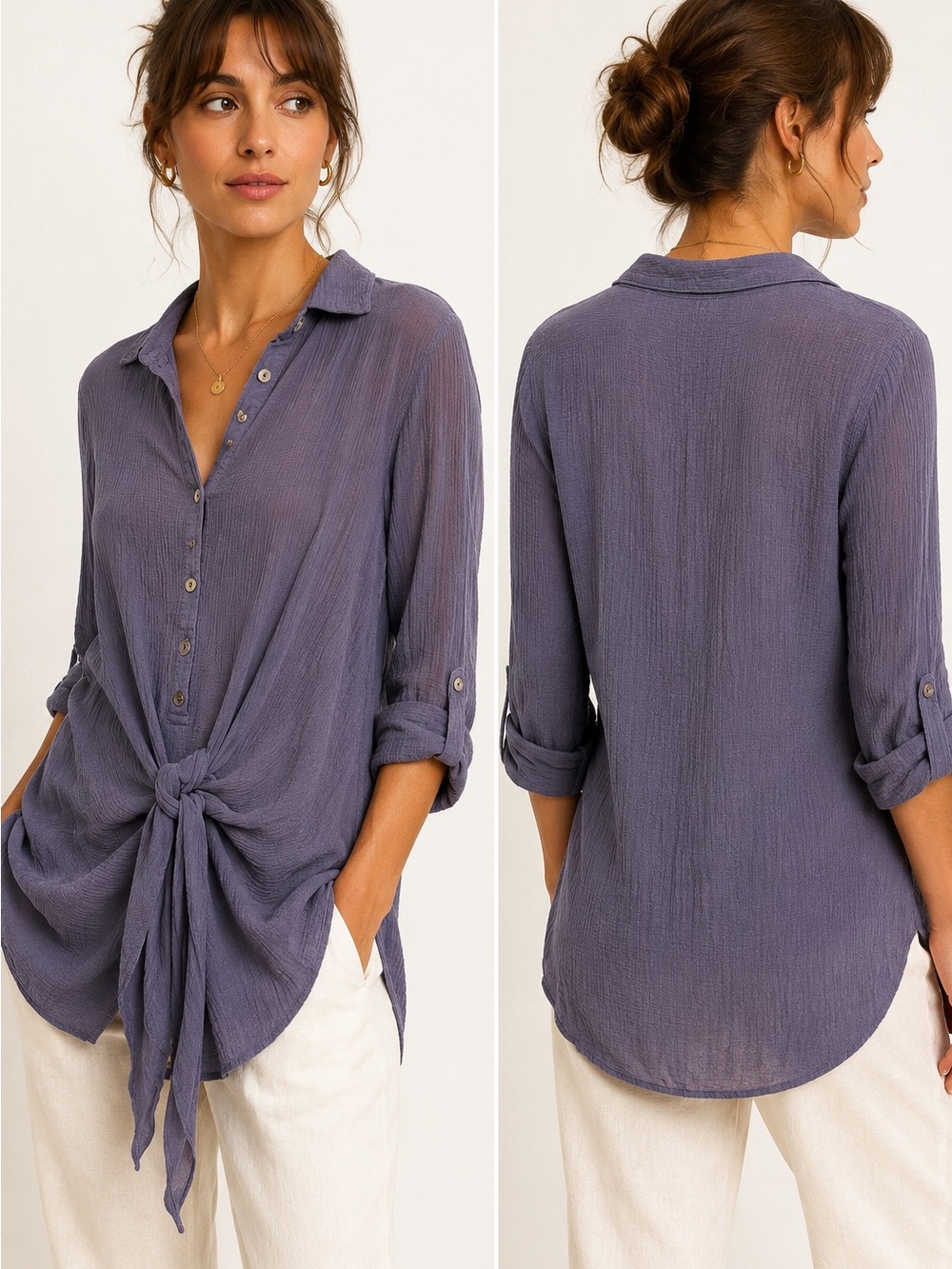 Les Soeurs Tie Front Crinkle Gauze Rayon Blouse Button Size Medium